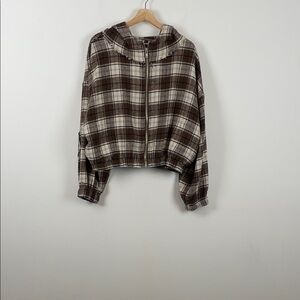 POL Plaid Full Zip Crop Hooded Brown Women L Elbow Patch 2 Pocket Bomber Jacket
